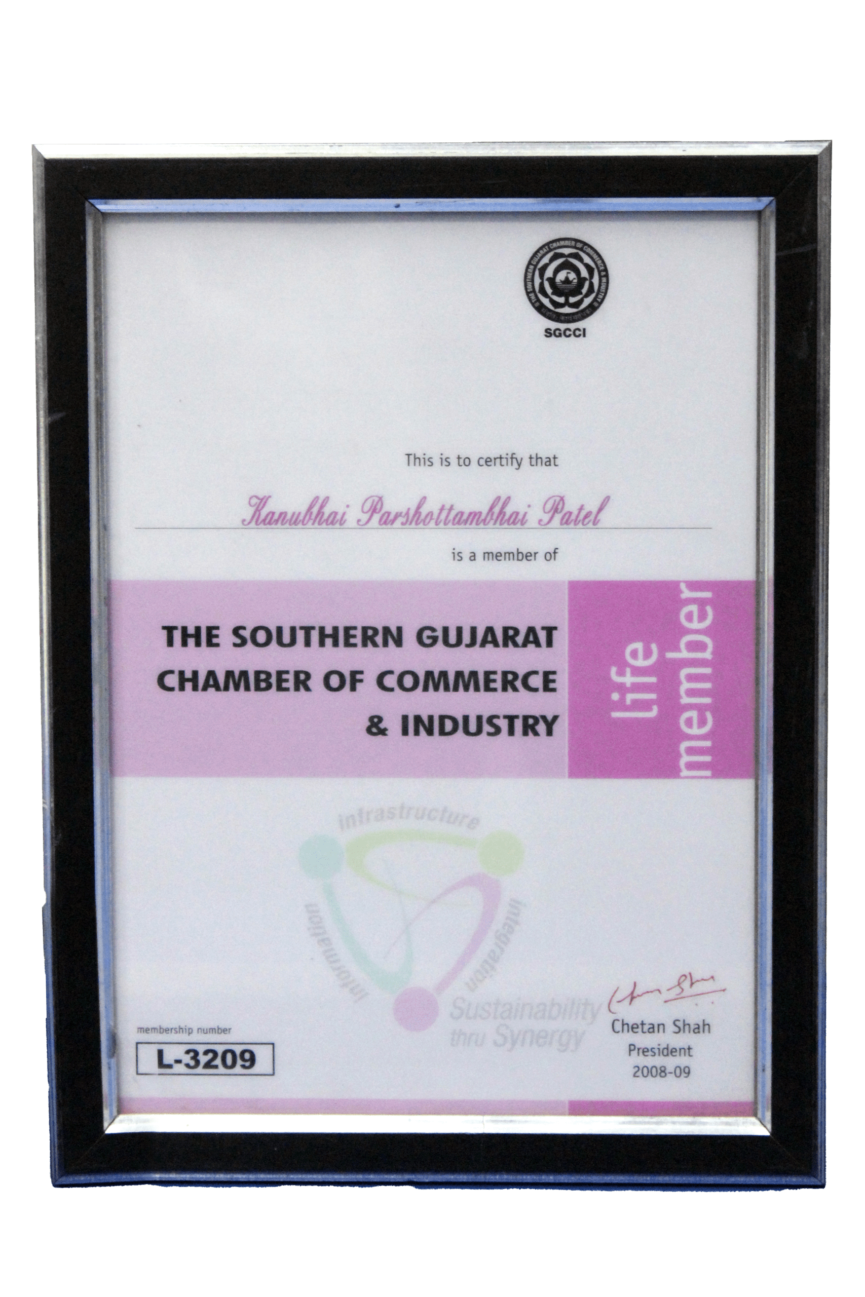 THE SOUTHERN GUJARAT CHAMBER OF COMMERCE & INDUSTRY - CERTIFICATE